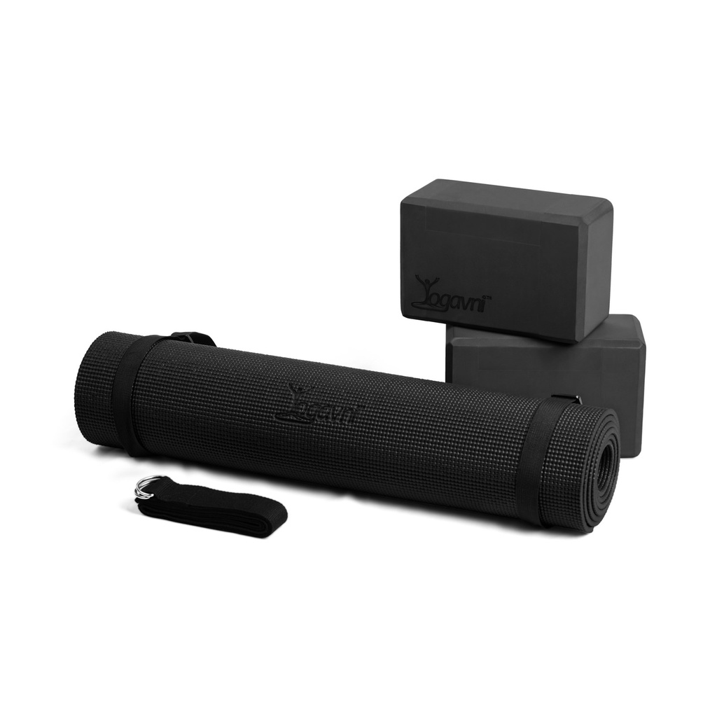 Yoga Essentials - 6mm Mat 1pr 4in Foam Blocks 8ft strap and loop strap - 5pc - Yogavni