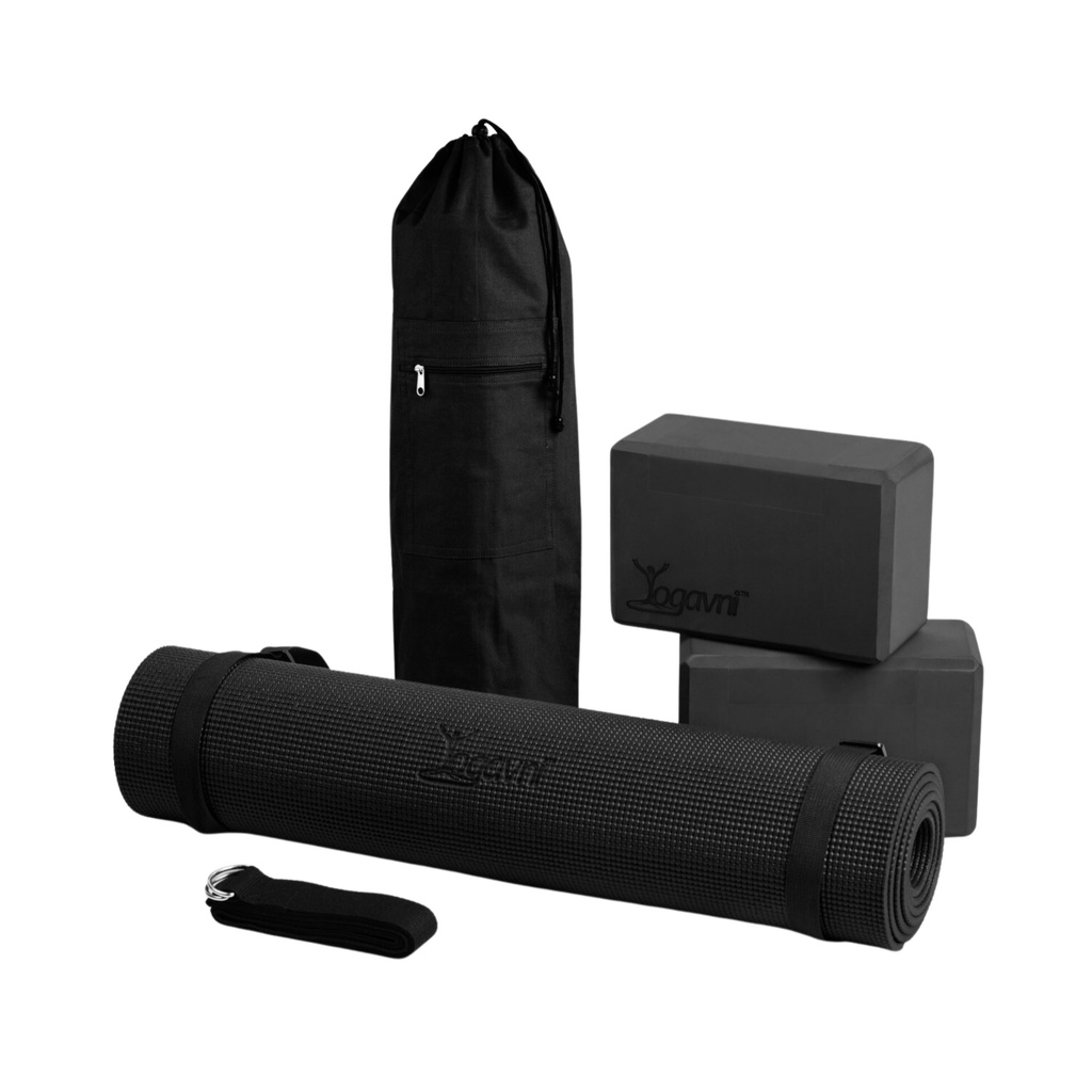 Yoga Essentials - 6mm Mat 1pr 4in Foam Blocks 8ft strap Drawstring Yoga Gym Bag and loop strap - 6pc - Yogavni